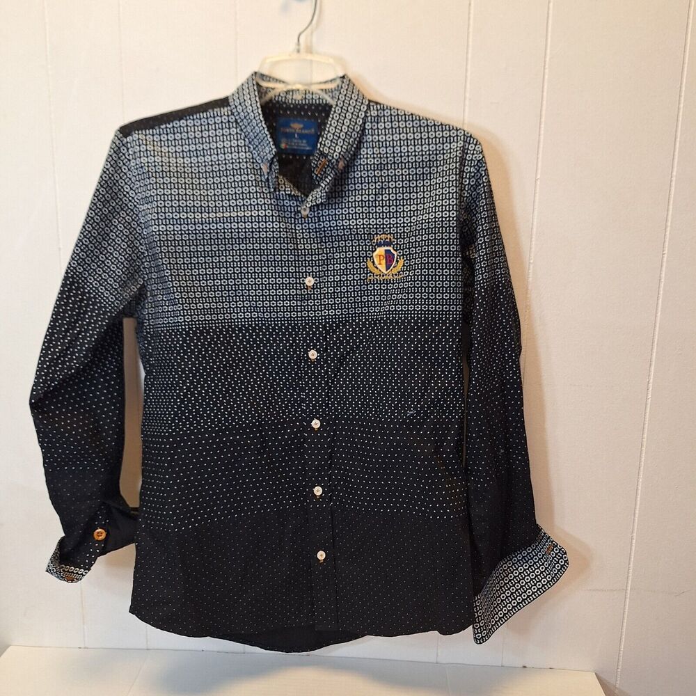 Porto Blanco Black Pattern Button Flip‎ Cuff  Algondon Cotton Shirt Men's Large